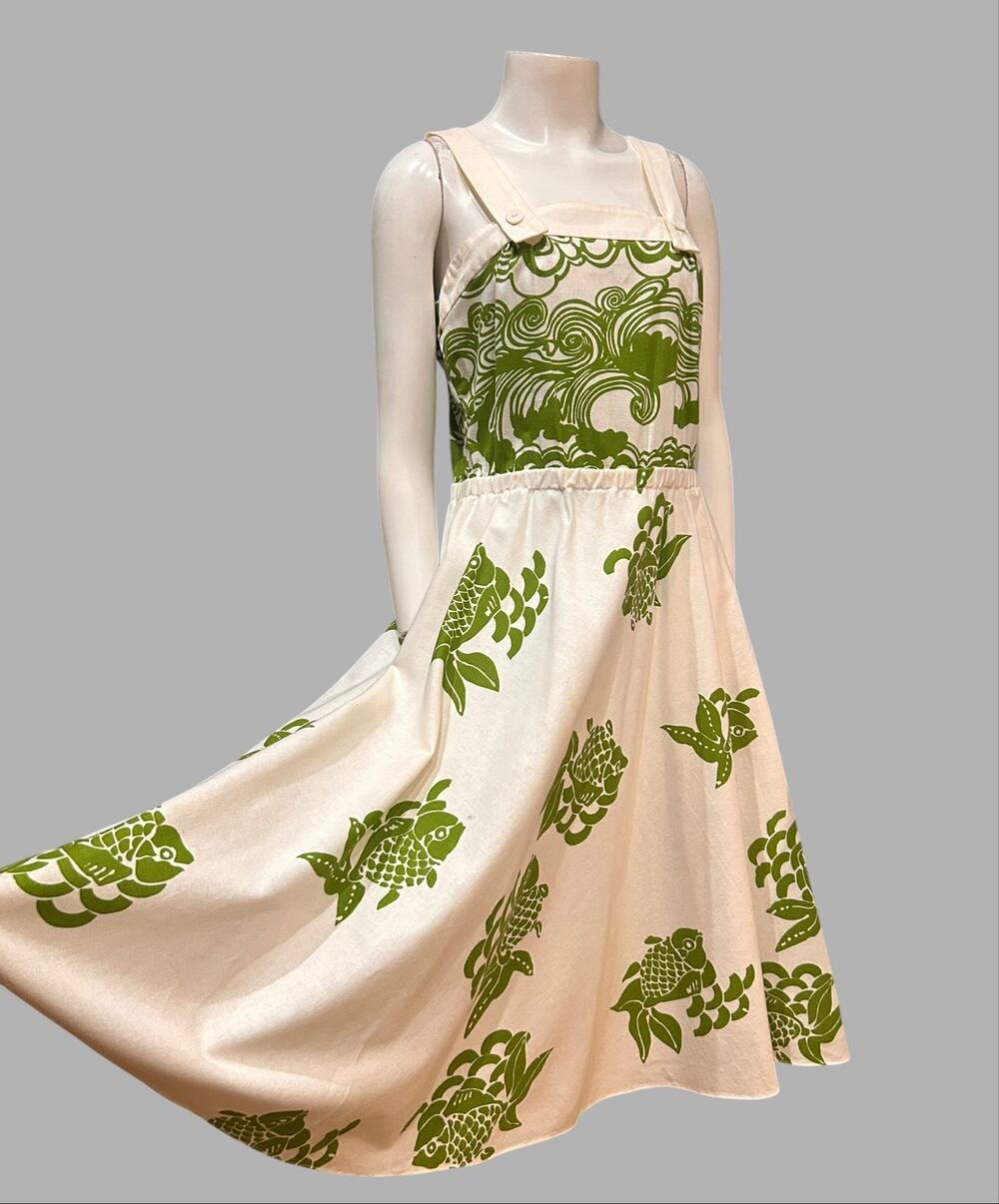 Vintage 70s Nalii Honolulu Hawaiian Fish Print Cotton Sundress M L As Is -